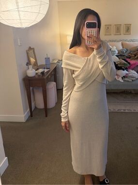 Renee C. Cream Off-Shoulder Knit Midi Dress
